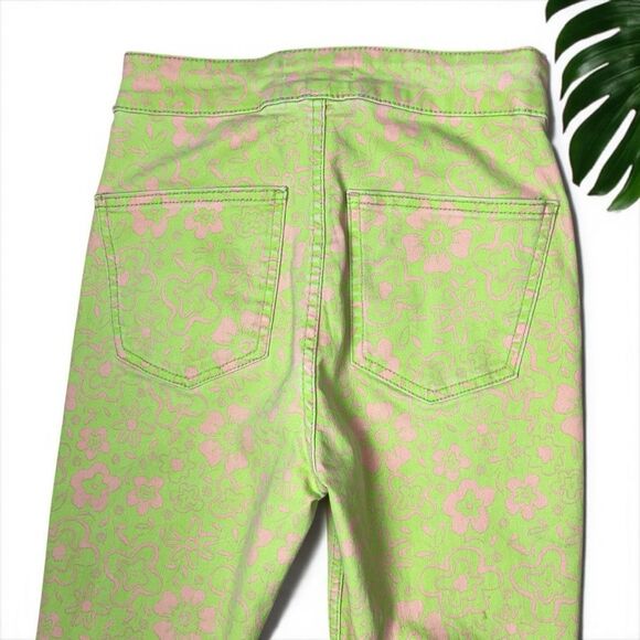 Zara 70's Retro Lime Green Mod Floral Print Flare Jeans - Picture 6 of 10